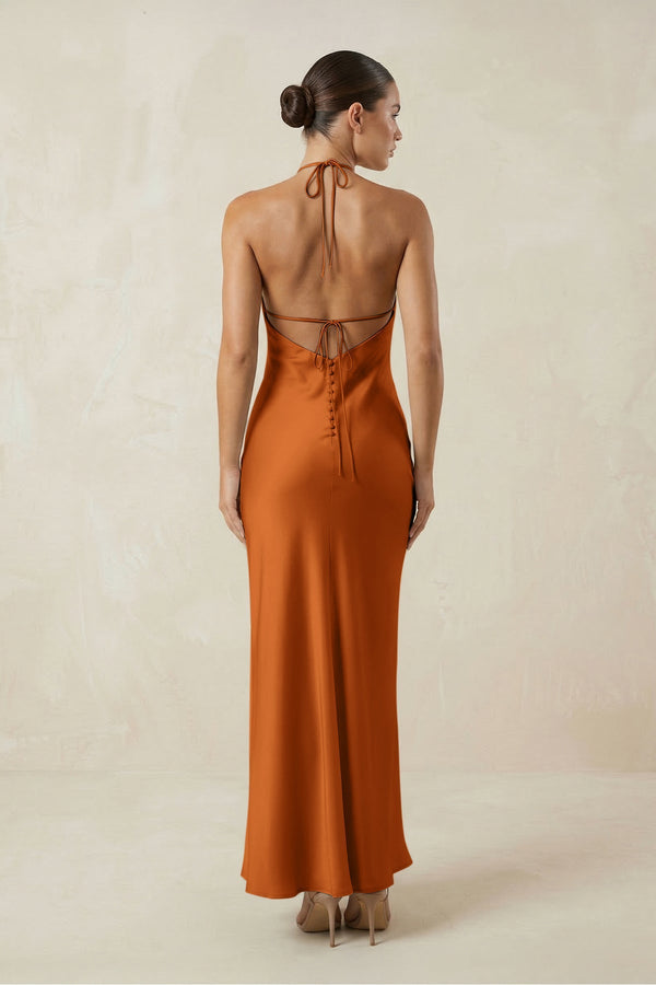 Halter Satin Sheath Midi Bridesmaid Dress in Cinnamon - KissProm Bridesmaid Dresses