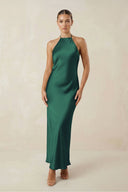 Halter Satin Sheath Midi Bridesmaid Dress in Dark Green - KissProm Bridesmaid Dresses