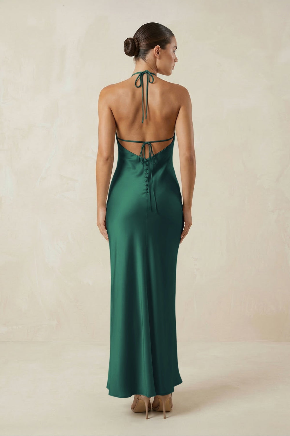 Halter Satin Sheath Midi Bridesmaid Dress in Dark Green - KissProm Bridesmaid Dresses