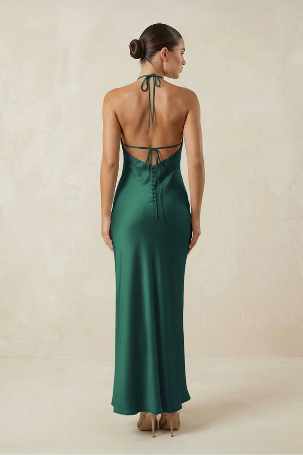 Halter Satin Sheath Midi Bridesmaid Dress in Dark Green - KissProm Bridesmaid Dresses