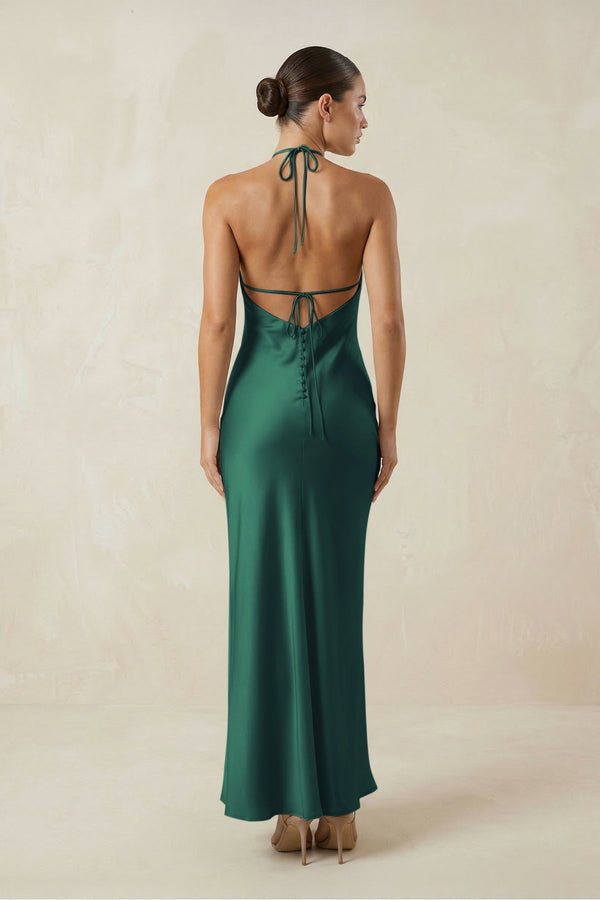 Halter Satin Sheath Midi Bridesmaid Dress in Dark Green - KissProm Bridesmaid Dresses
