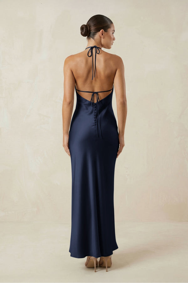 Halter Satin Sheath Midi Bridesmaid Dress in Dark Navy - KissProm Bridesmaid Dresses
