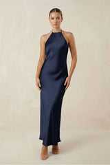 Halter Satin Sheath Midi Bridesmaid Dress in Dark Navy - KissProm Bridesmaid Dresses