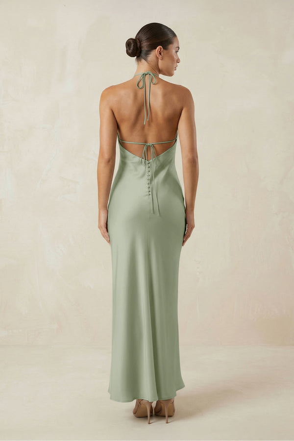 Halter Satin Sheath Midi Bridesmaid Dress in Dove Gray - KissProm Bridesmaid Dresses