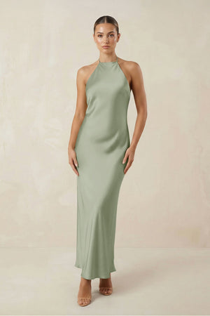 Halter Satin Sheath Midi Bridesmaid Dress in Dove Gray - KissProm Bridesmaid Dresses