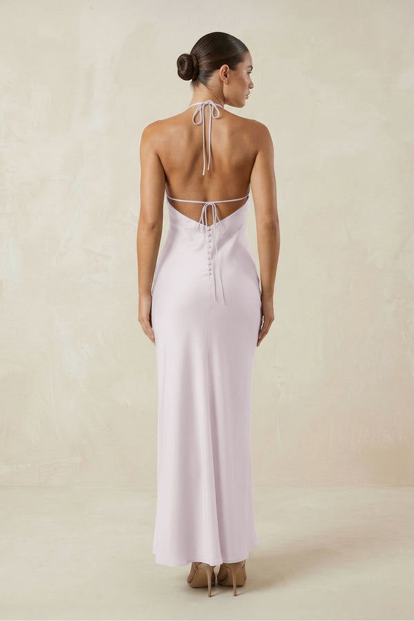 Halter Satin Sheath Midi Bridesmaid Dress in Dusk - KissProm Bridesmaid Dresses