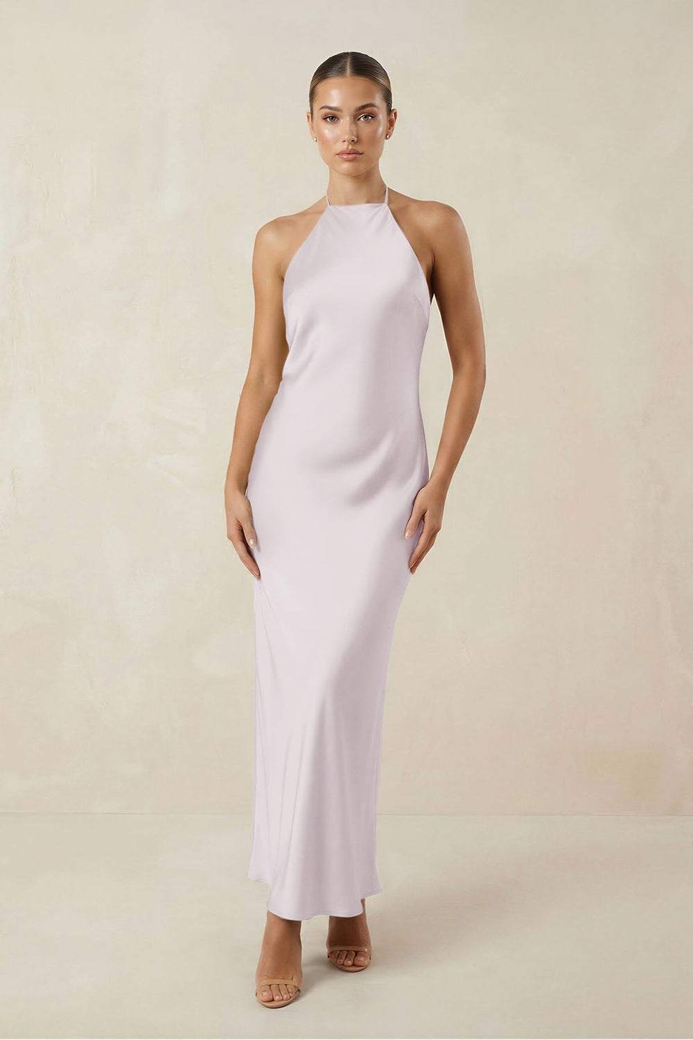 Halter Satin Sheath Midi Bridesmaid Dress in Dusk - KissProm Bridesmaid Dresses