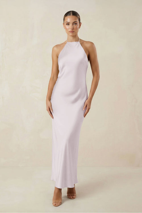 Halter Satin Sheath Midi Bridesmaid Dress in Dusk - KissProm Bridesmaid Dresses