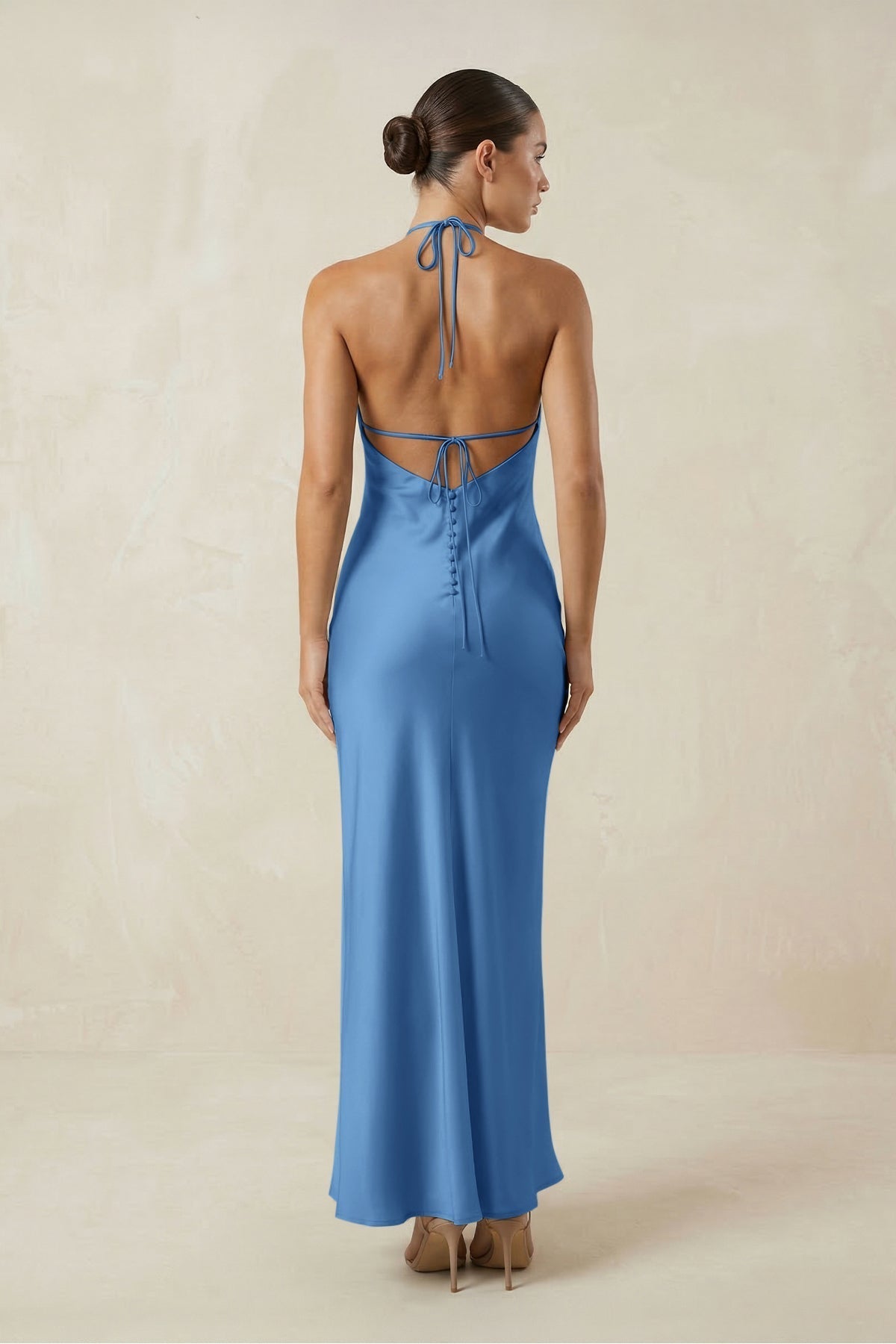 KissProm Halter Satin Sheath Midi Bridesmaid Dress in Dusty Blue, Dusty Blue / 4