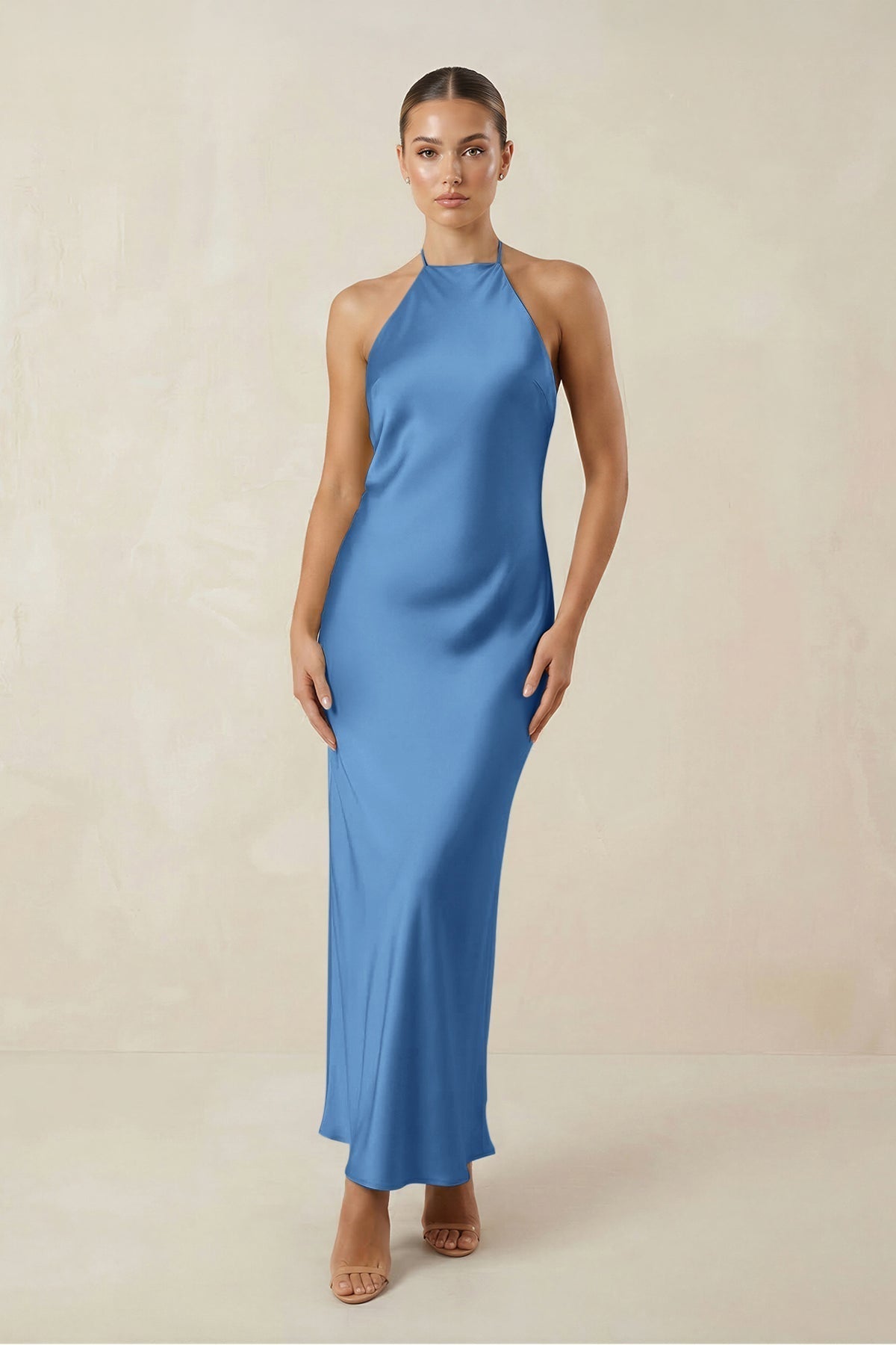 KissProm Halter Satin Sheath Midi Bridesmaid Dress in Dusty Blue, Dusty Blue / 4