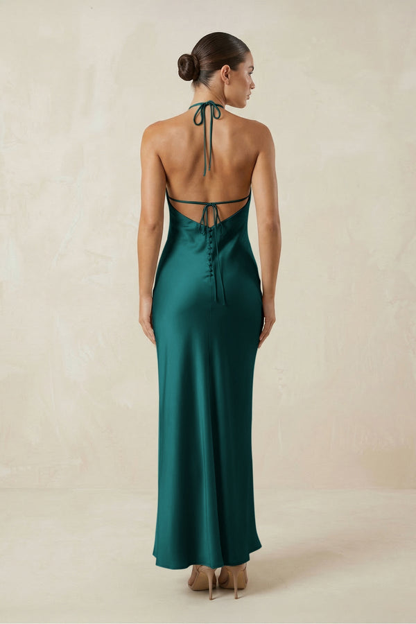 Halter Satin Sheath Midi Bridesmaid Dress in Emerald - KissProm Bridesmaid Dresses