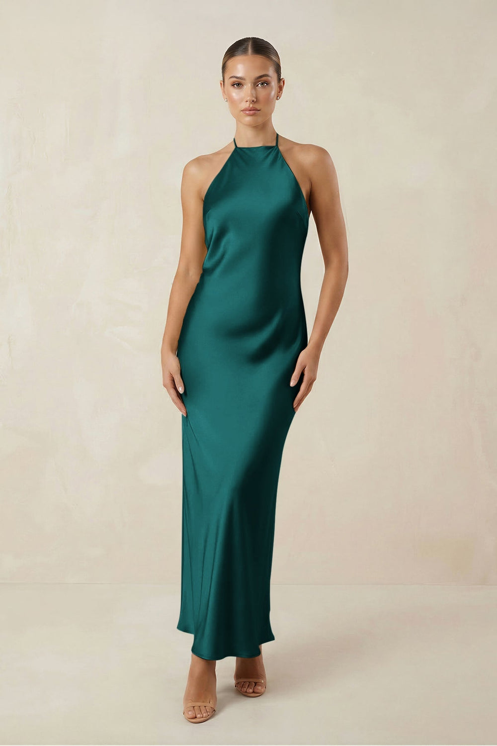Halter Satin Sheath Midi Bridesmaid Dress in Emerald - KissProm Bridesmaid Dresses