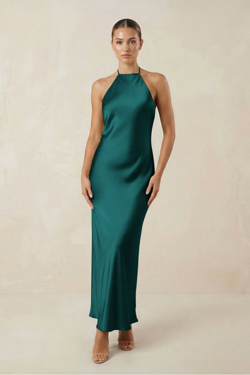 Halter Satin Sheath Midi Bridesmaid Dress in Emerald - KissProm Bridesmaid Dresses