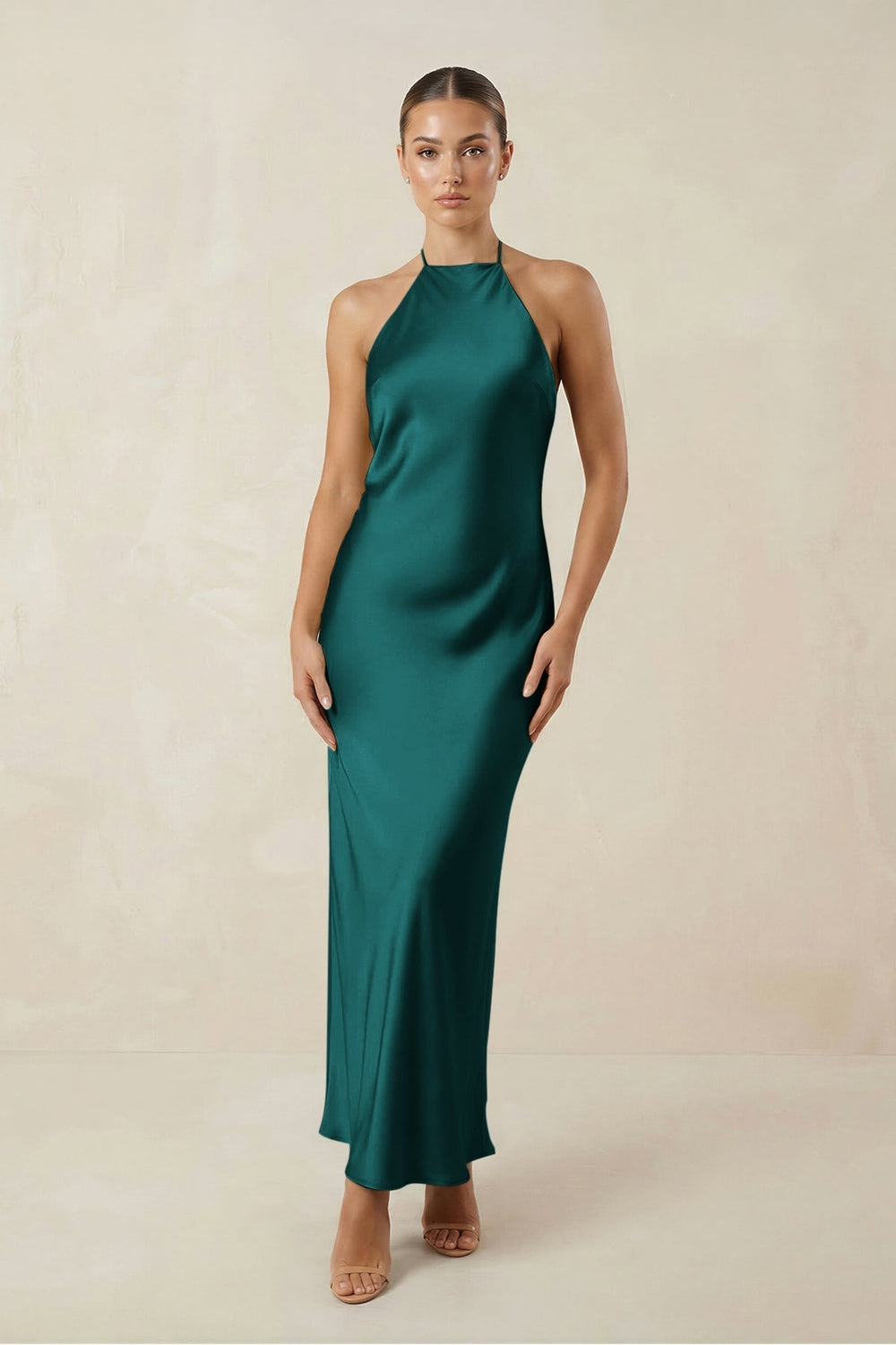 Halter Satin Sheath Midi Bridesmaid Dress in Emerald - KissProm Bridesmaid Dresses