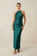 Halter Satin Sheath Midi Bridesmaid Dress in Emerald - KissProm Bridesmaid Dresses