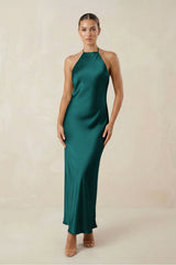 Halter Satin Sheath Midi Bridesmaid Dress in Emerald - KissProm Bridesmaid Dresses