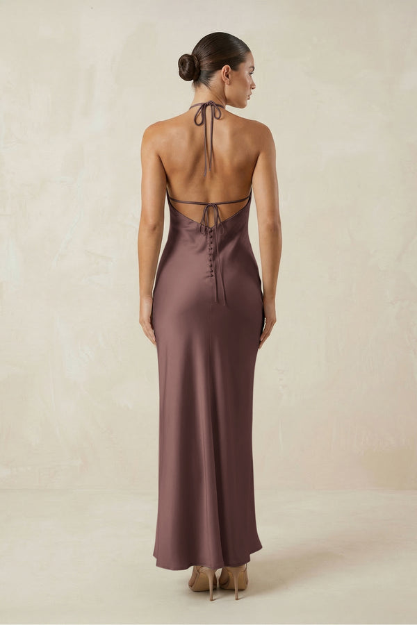 Halter Satin Sheath Midi Bridesmaid Dress in Espresso - KissProm Bridesmaid Dresses