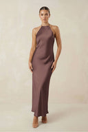 Halter Satin Sheath Midi Bridesmaid Dress in Espresso - KissProm Bridesmaid Dresses