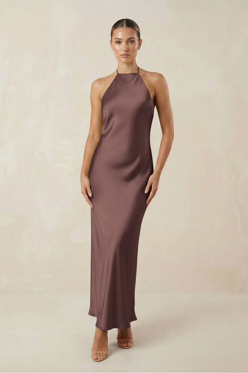 Halter Satin Sheath Midi Bridesmaid Dress in Espresso - KissProm Bridesmaid Dresses