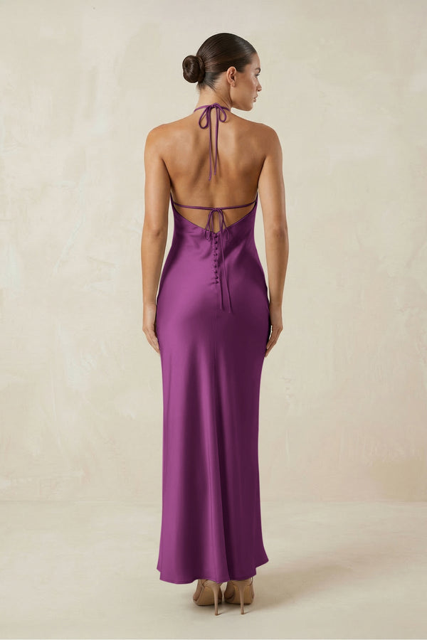 Halter Satin Sheath Midi Bridesmaid Dress in Fig - KissProm Bridesmaid Dresses
