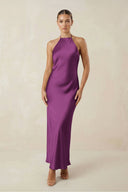 Halter Satin Sheath Midi Bridesmaid Dress in Fig - KissProm Bridesmaid Dresses