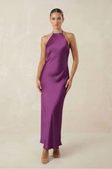 Halter Satin Sheath Midi Bridesmaid Dress in Fig - KissProm Bridesmaid Dresses