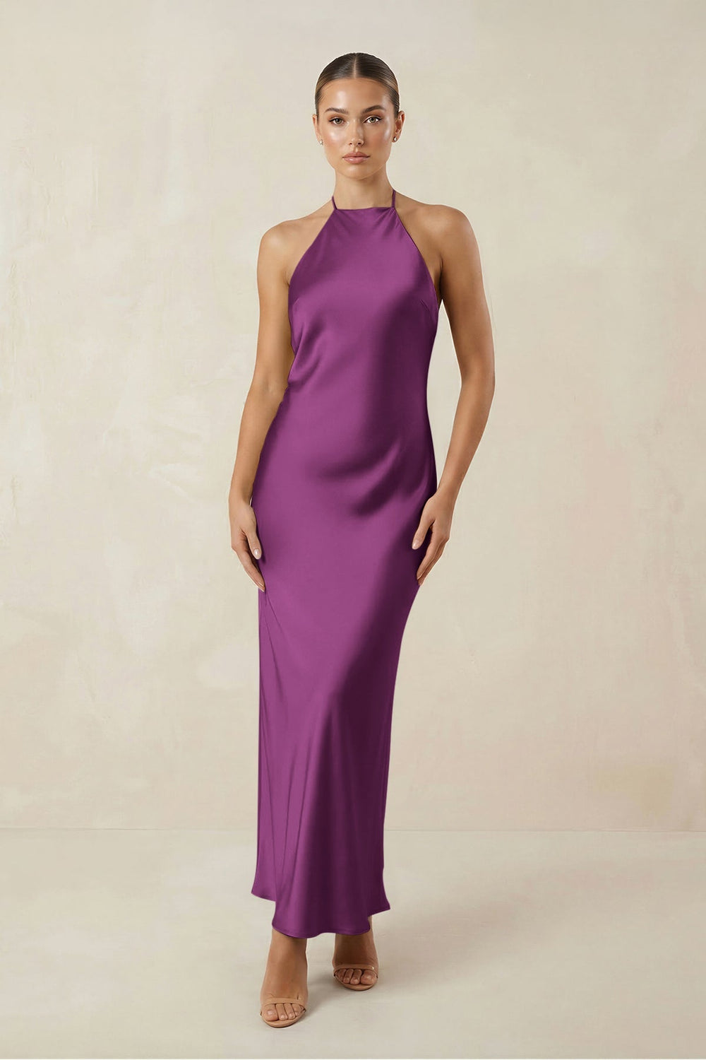 Halter Satin Sheath Midi Bridesmaid Dress in Fig - KissProm Bridesmaid Dresses