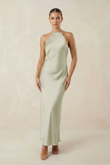 Halter Satin Sheath Midi Bridesmaid Dress in Frost - KissProm Bridesmaid Dresses