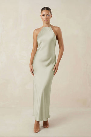 Halter Satin Sheath Midi Bridesmaid Dress in Frost - KissProm Bridesmaid Dresses