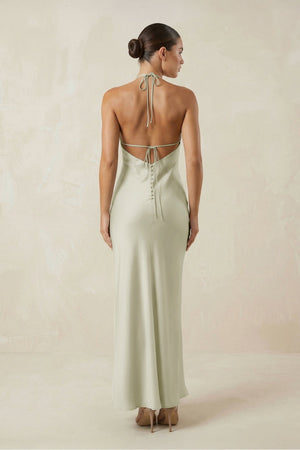 Halter Satin Sheath Midi Bridesmaid Dress in Frost - KissProm Bridesmaid Dresses