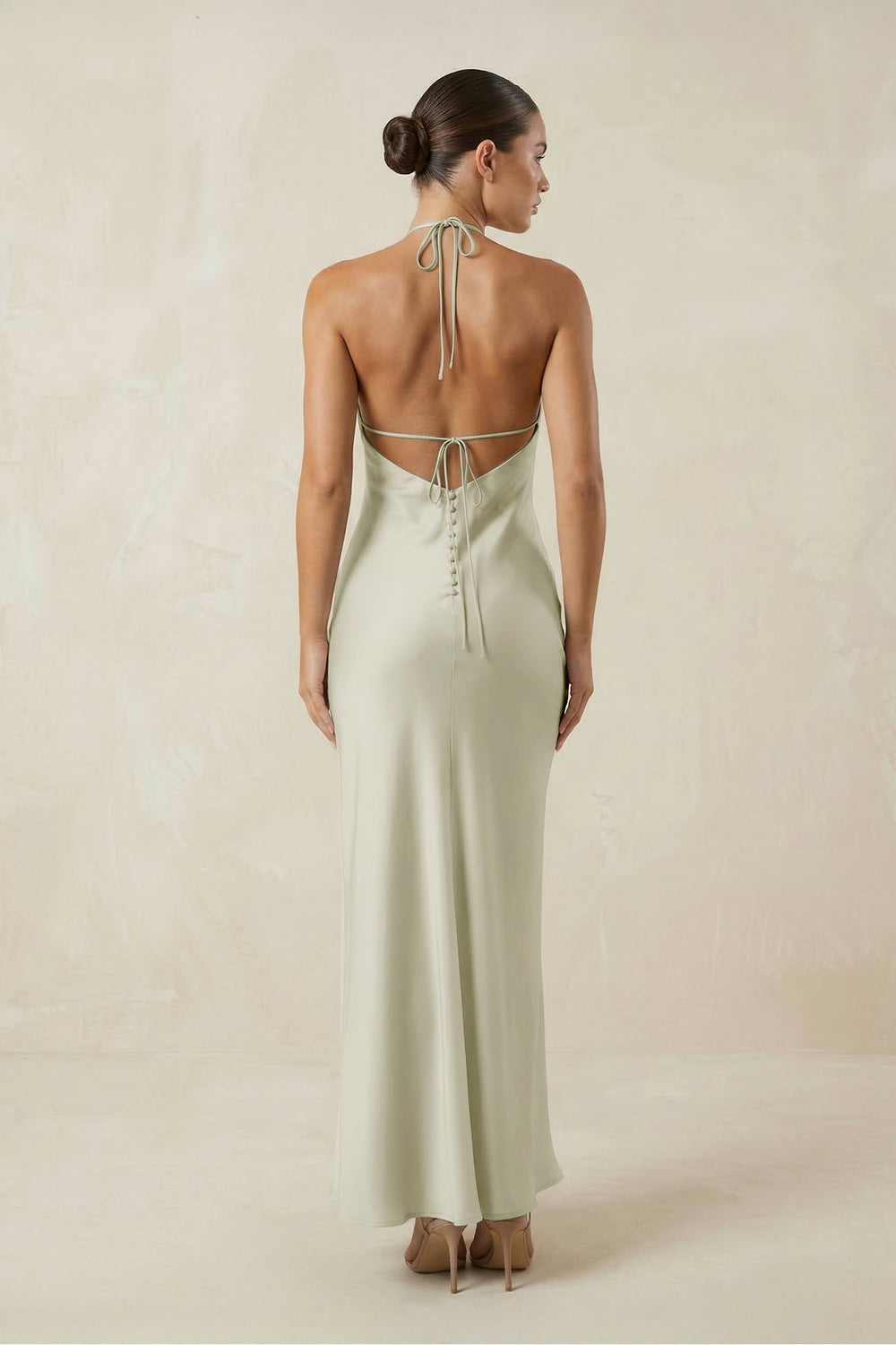 Halter Satin Sheath Midi Bridesmaid Dress in Frost - KissProm Bridesmaid Dresses