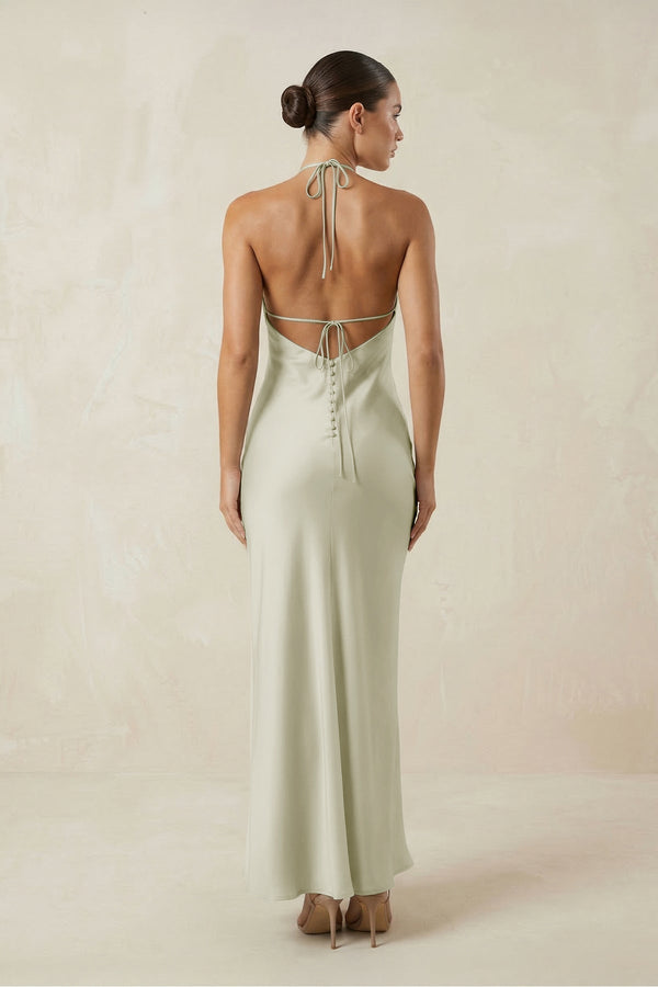 Halter Satin Sheath Midi Bridesmaid Dress in Frost - KissProm Bridesmaid Dresses