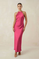 Halter Satin Sheath Midi Bridesmaid Dress in Fuchsia - KissProm Bridesmaid Dresses