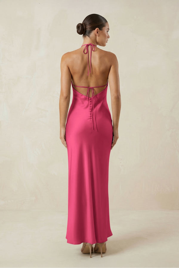 Halter Satin Sheath Midi Bridesmaid Dress in Fuchsia - KissProm Bridesmaid Dresses