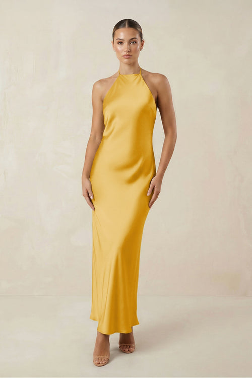Halter Satin Sheath Midi Bridesmaid Dress in Gold - KissProm Bridesmaid Dresses