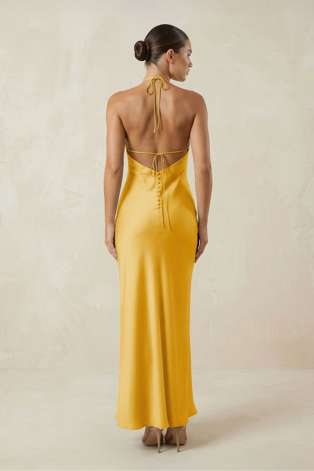 Halter Satin Sheath Midi Bridesmaid Dress in Gold - KissProm Bridesmaid Dresses