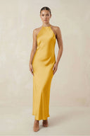 Halter Satin Sheath Midi Bridesmaid Dress in Gold - KissProm Bridesmaid Dresses