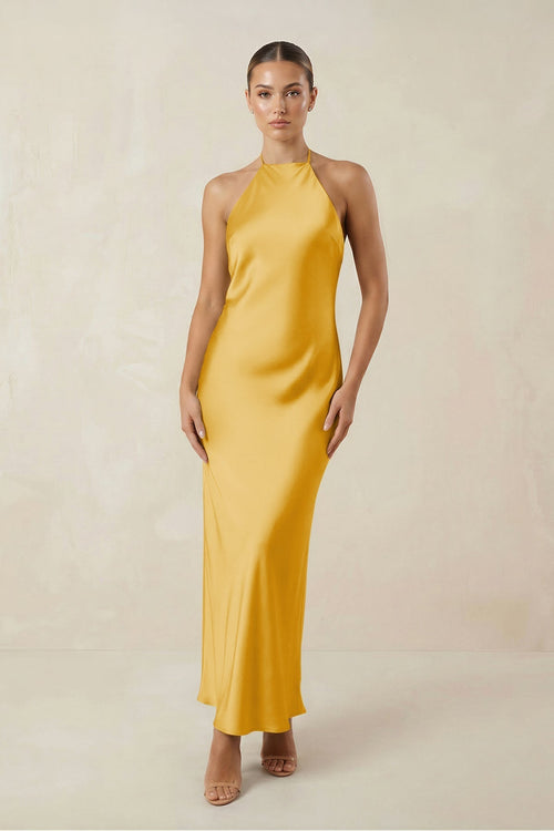 Halter Satin Sheath Midi Bridesmaid Dress in Gold - KissProm Bridesmaid Dresses