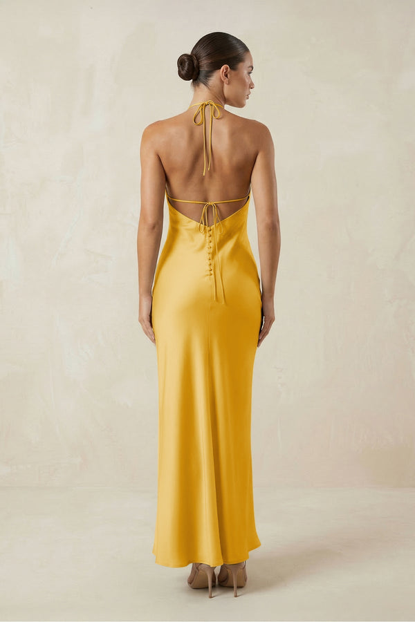 Halter Satin Sheath Midi Bridesmaid Dress in Gold - KissProm Bridesmaid Dresses