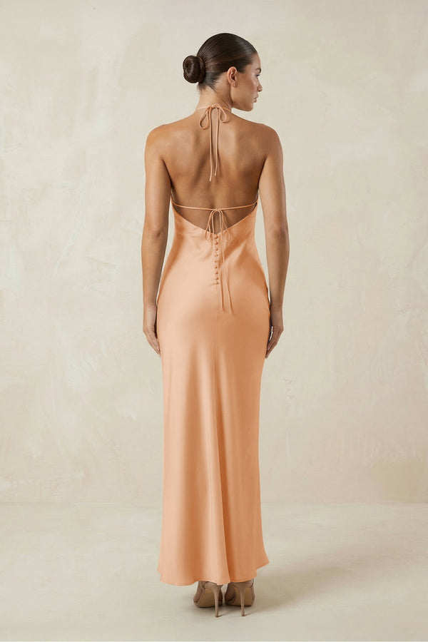 Halter Satin Sheath Midi Bridesmaid Dress in Golden Champagne - KissProm Bridesmaid Dresses