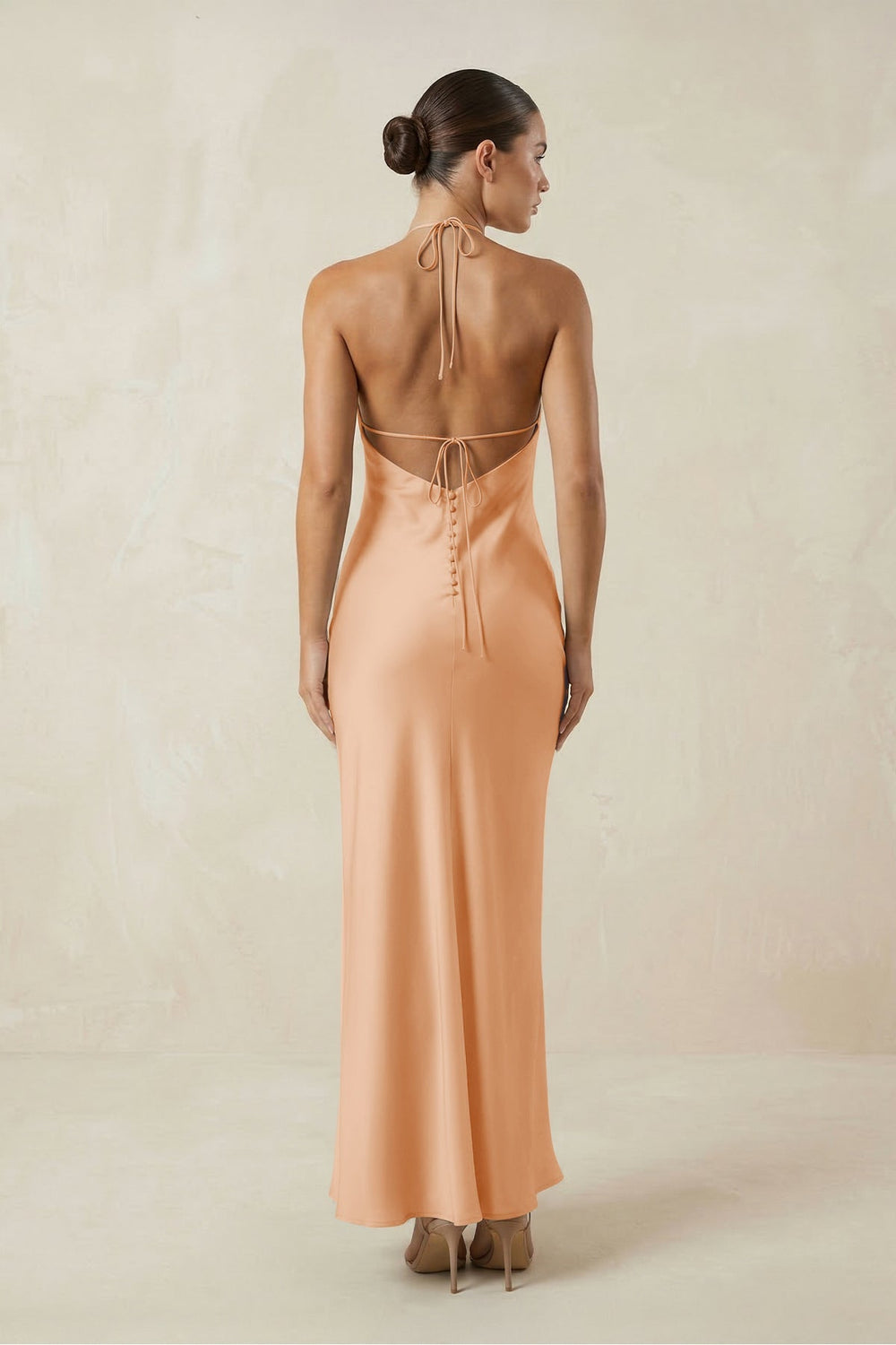 Halter Satin Sheath Midi Bridesmaid Dress in Golden Champagne - KissProm Bridesmaid Dresses
