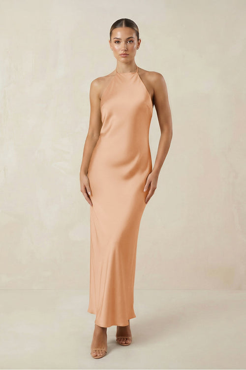 Halter Satin Sheath Midi Bridesmaid Dress in Golden Champagne - KissProm Bridesmaid Dresses