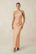 Halter Satin Sheath Midi Bridesmaid Dress in Golden Champagne - KissProm Bridesmaid Dresses
