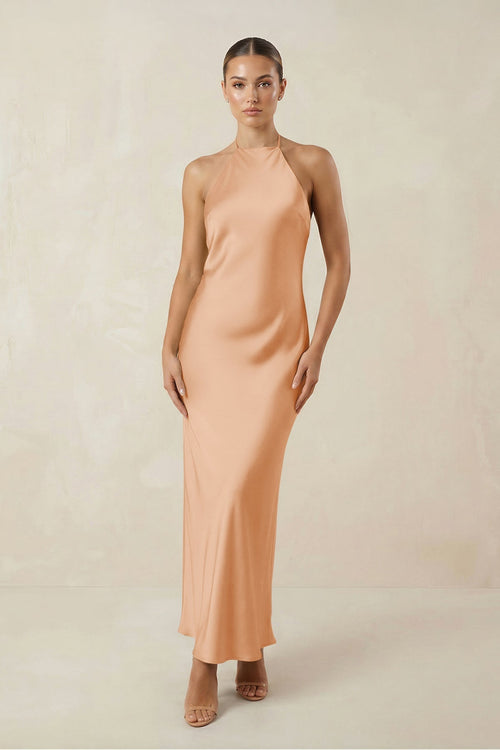 Halter Satin Sheath Midi Bridesmaid Dress in Golden Champagne - KissProm Bridesmaid Dresses