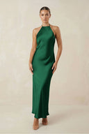 Halter Satin Sheath Midi Bridesmaid Dress in Green - KissProm Bridesmaid Dresses