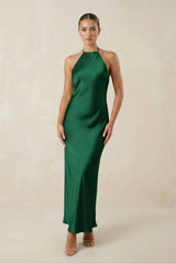 Halter Satin Sheath Midi Bridesmaid Dress in Green - KissProm Bridesmaid Dresses