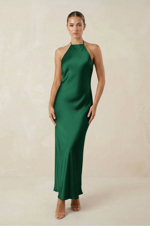 Halter Satin Sheath Midi Bridesmaid Dress in Green - KissProm Bridesmaid Dresses