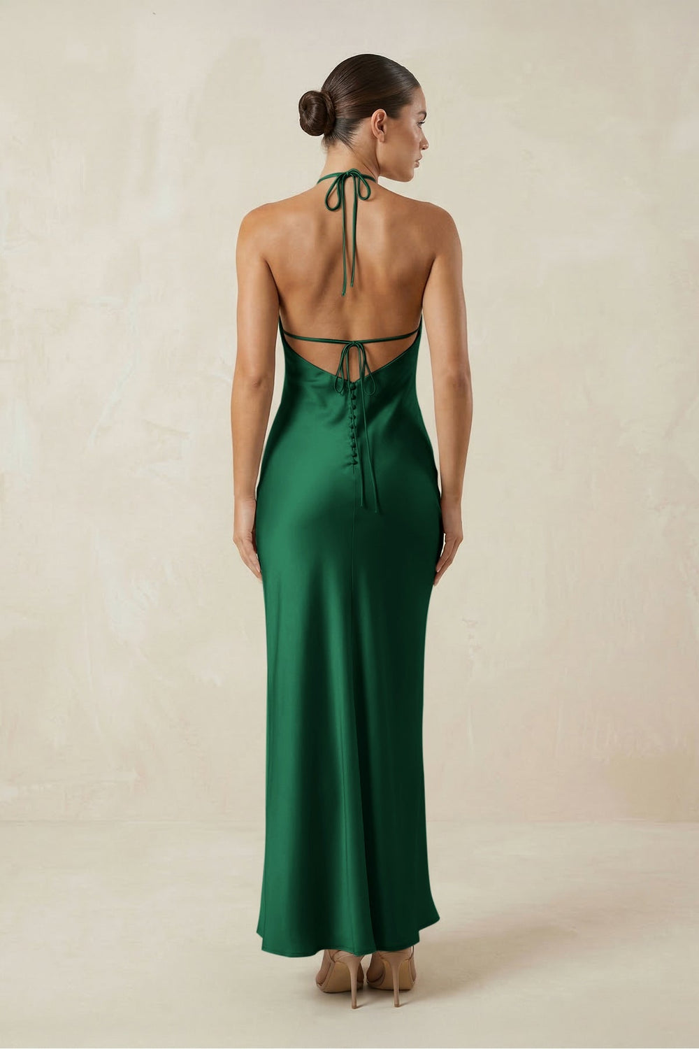 Halter Satin Sheath Midi Bridesmaid Dress in Green - KissProm Bridesmaid Dresses