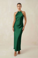 Halter Satin Sheath Midi Bridesmaid Dress in Green - KissProm Bridesmaid Dresses
