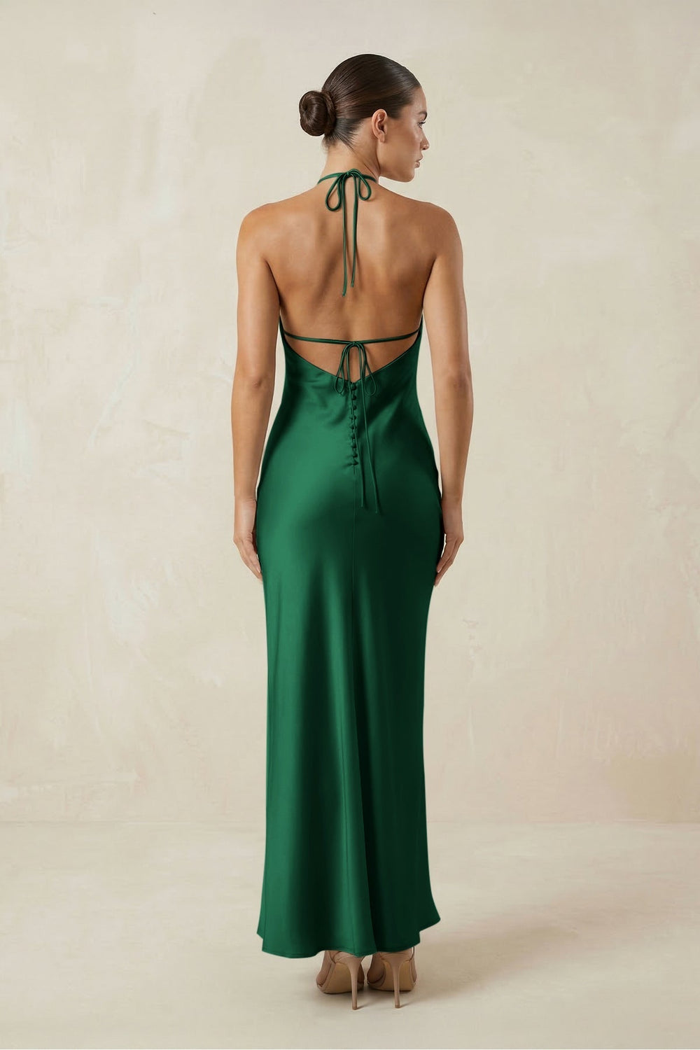 Halter Satin Sheath Midi Bridesmaid Dress in Green - KissProm Bridesmaid Dresses
